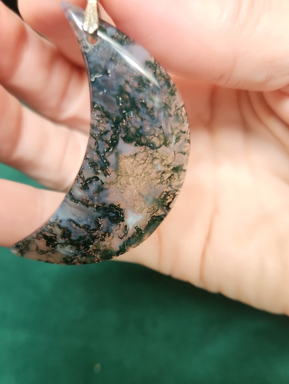 Moss Agate Natural Stone Crescent Pendant Necklace - Green Moonstone Style